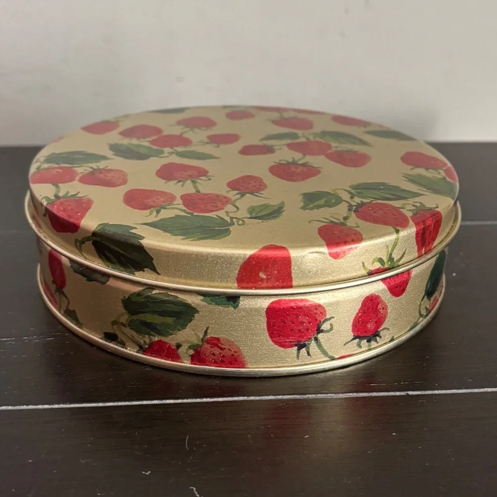 Harry and David Strawberry Print Round Gold Metal Decorative Storage Tin 6x2